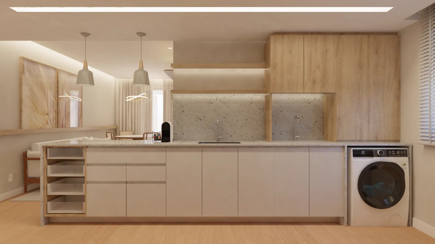 Cozinha com área de serviço integrada do apartamento do Residencial Serena Campo Bom