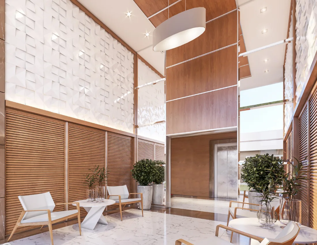 Hall de entrada com pé-direito duplo do Residencial Serena em Campo Bom