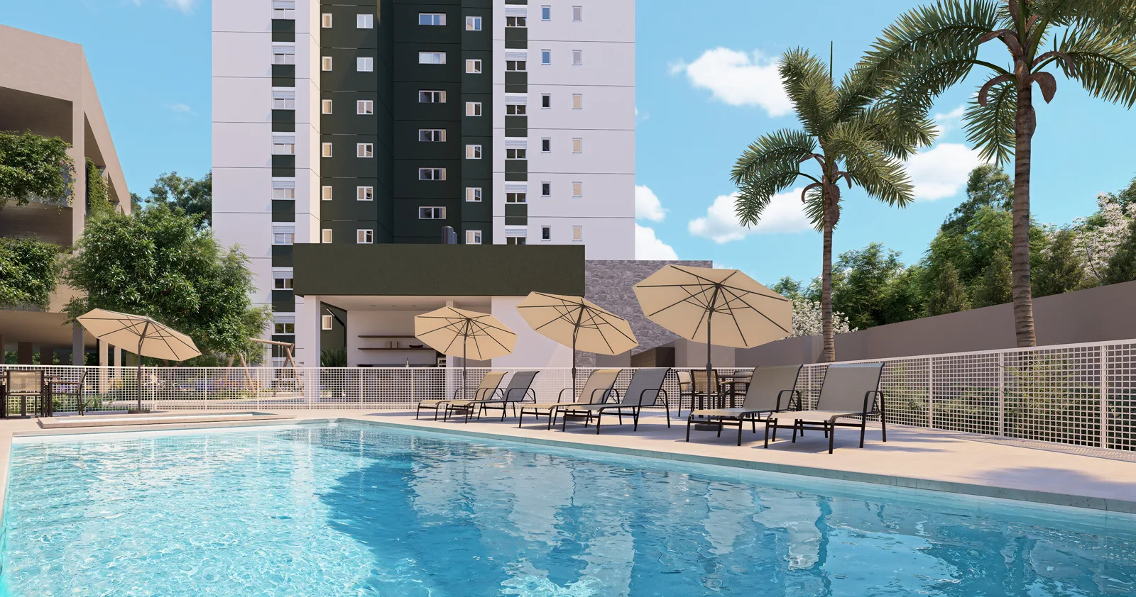 Piscinas adulto e infantil do Residencial Serena Campo Bom com deck e espreguiçadeiras