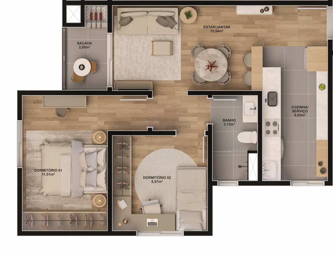 Planta oficial do apartamento padrão de 2 dormitórios com 1 banheiro e 57,34 metros quadrados do Residencial Serena Campo Bom