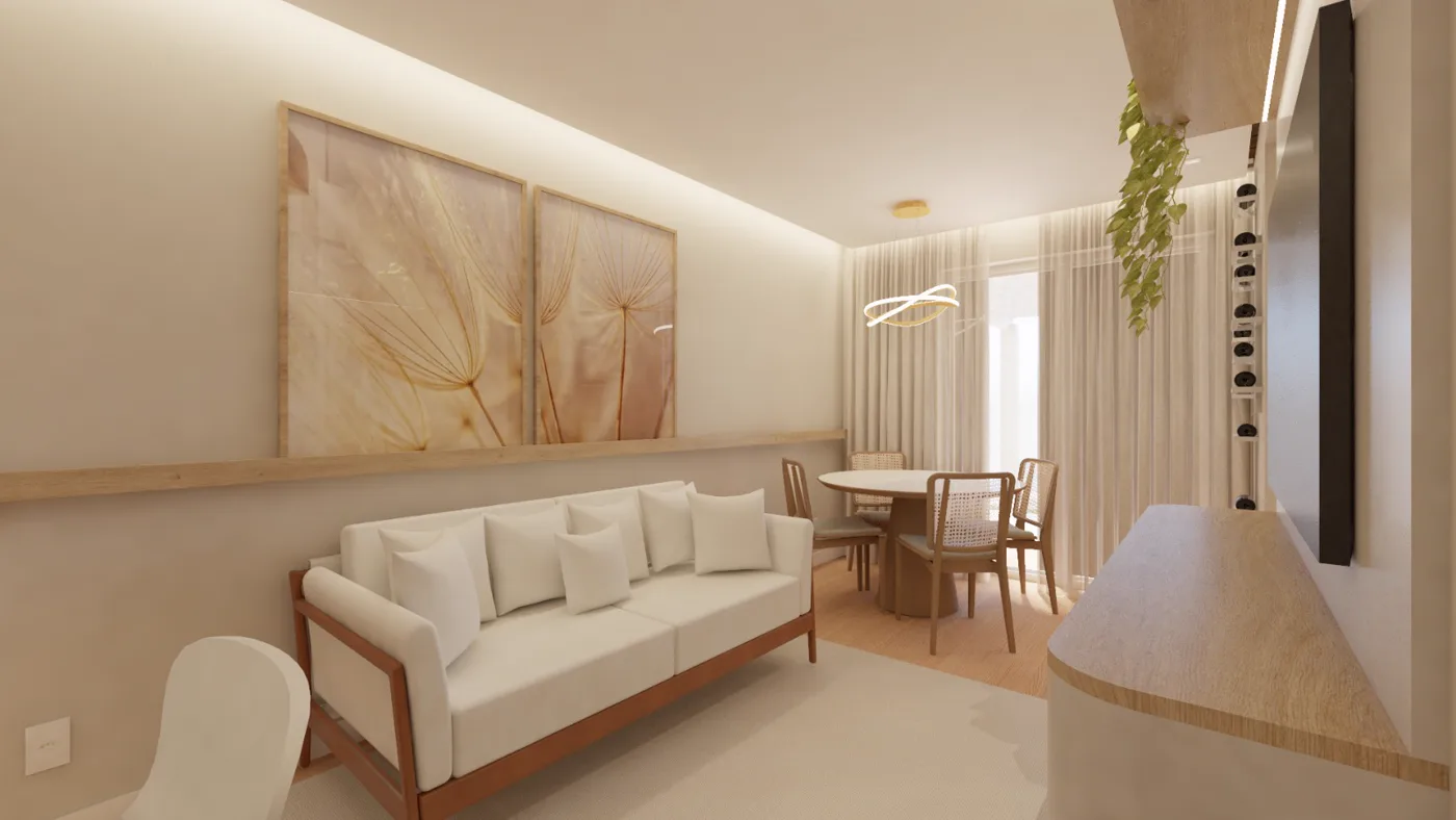Sala de estar e jantar decorada do apartamento do Residencial Serena Campo Bom