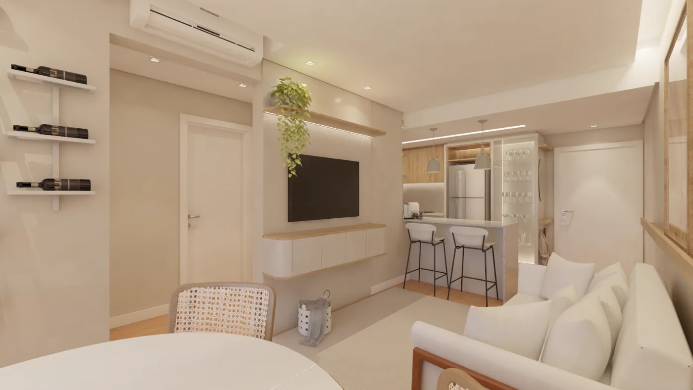 Sala integrada com cozinha americana do apartamento do Residencial Serena Campo Bom